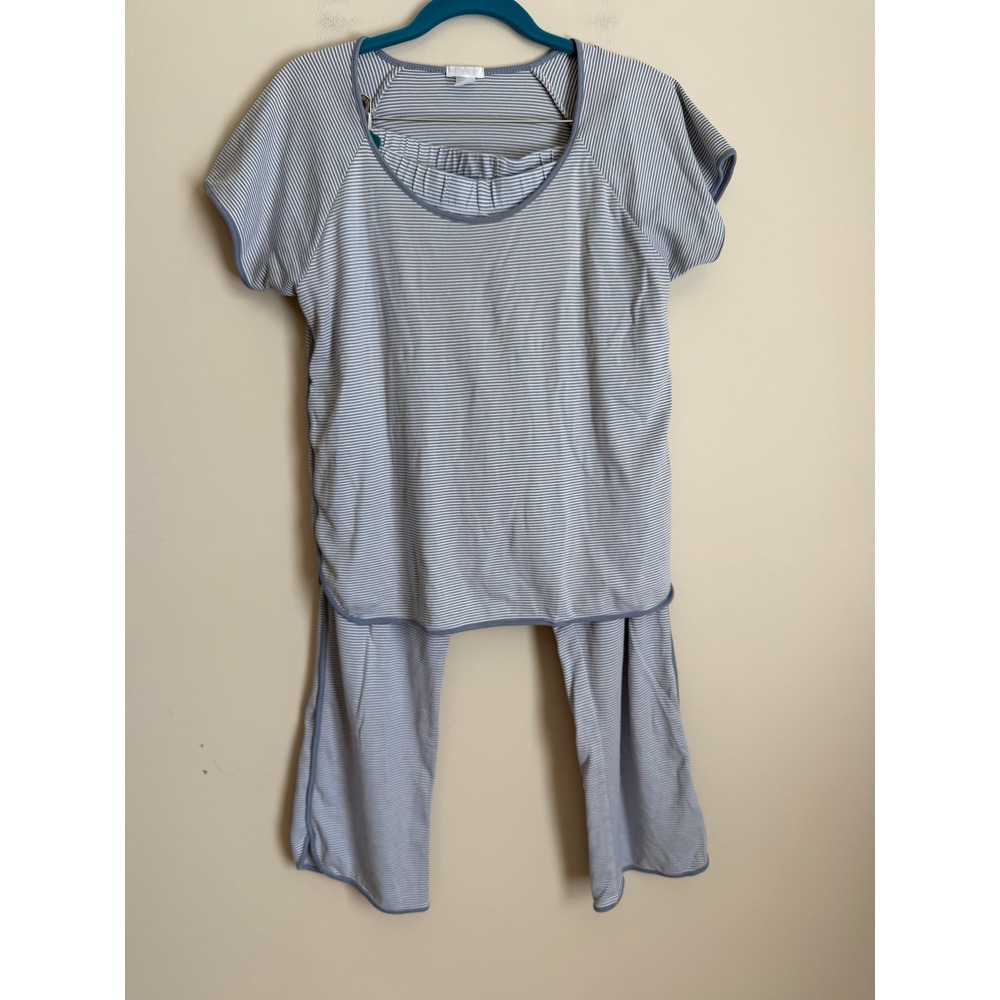 Lake Pajamas Set Women M Blue White Striped Pima Cotton Short Sleeve Crop Pants
